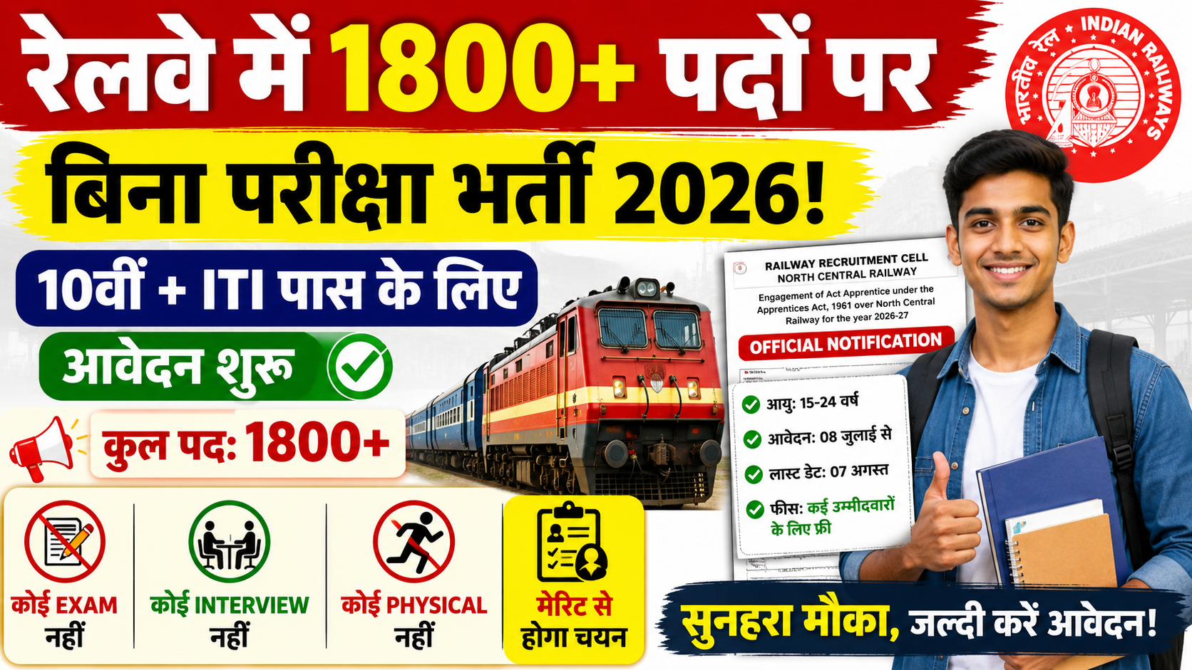 रेलवे में 1800+ पदों पर बिना परीक्षा भर्ती 2026! 10वीं + ITI पास के लिए आवेदन शुरू, मेरिट से होगा चयन