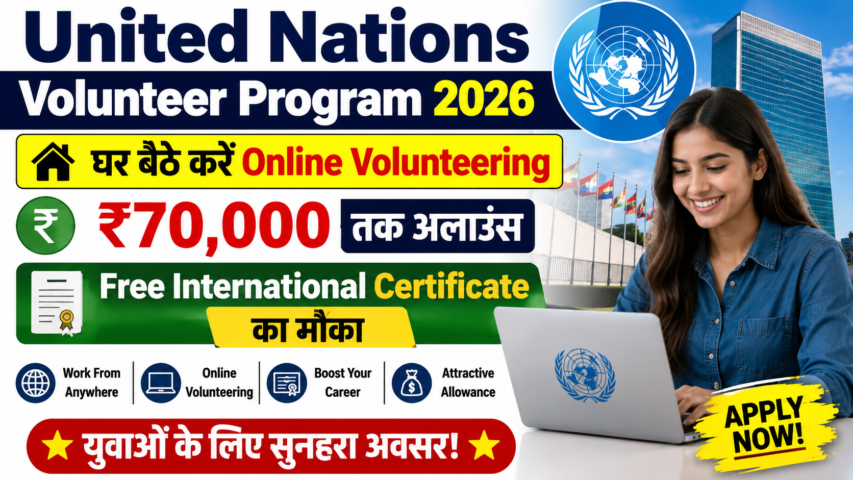 United Nations Volunteer Program 2026: घर बैठे करें Online Volunteering, ₹70,000 तक अलाउंस, Free International Certificate का मौका