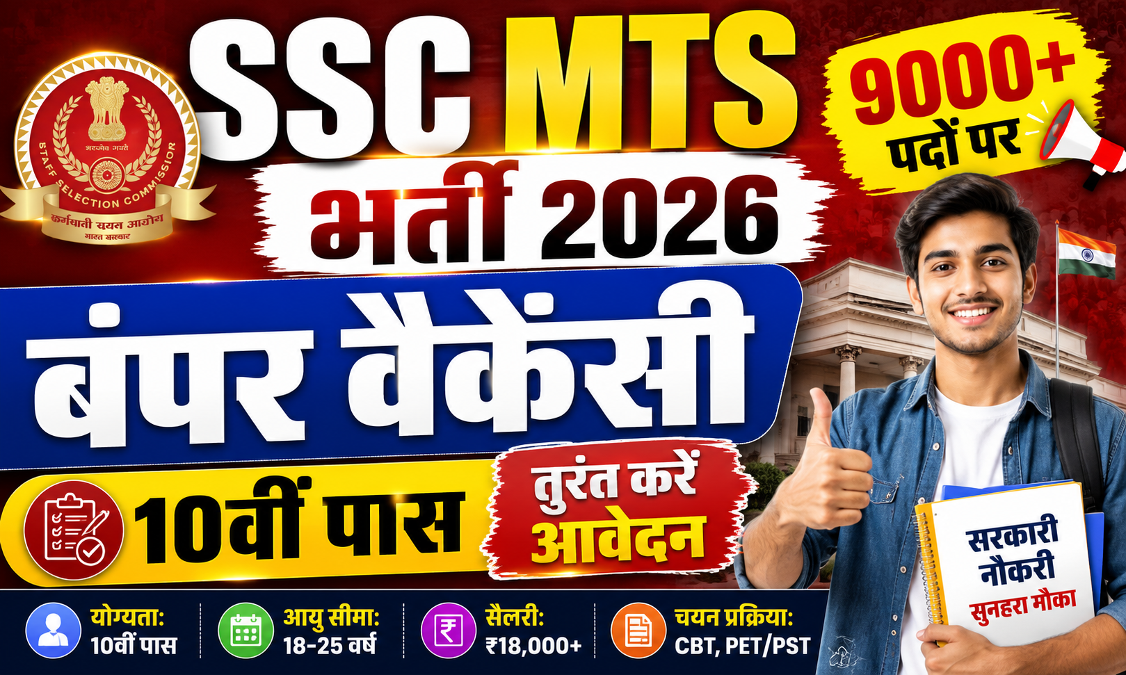 SSC MTS भर्ती 2026: 9000+ पदों पर बंपर वैकेंसी, 10वीं पास तुरंत करें आवेदन