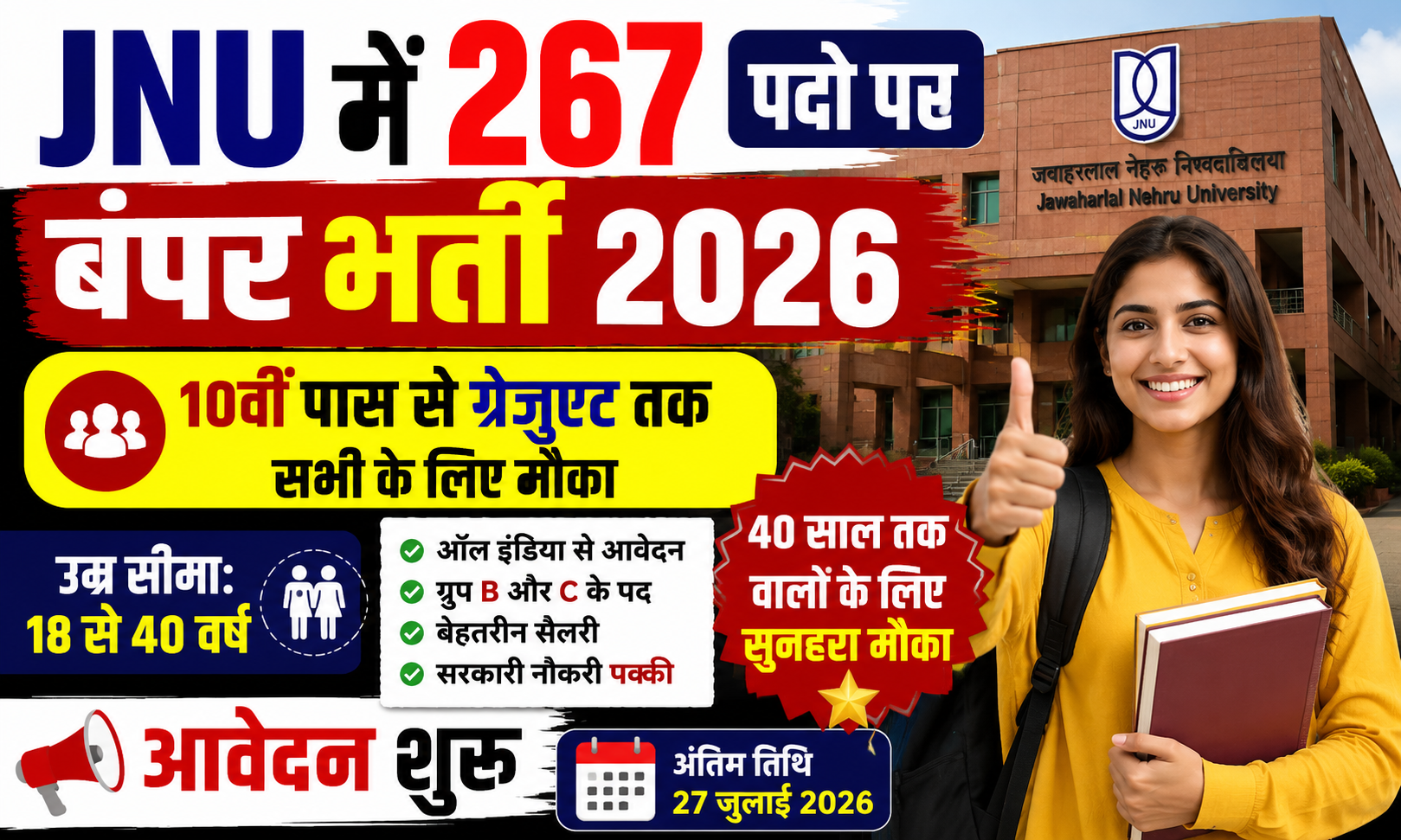 JNU में 267 पदों पर बंपर भर्ती 2026, 40 साल तक वालों के लिए सुनहरा मौका, आवेदन शुरू