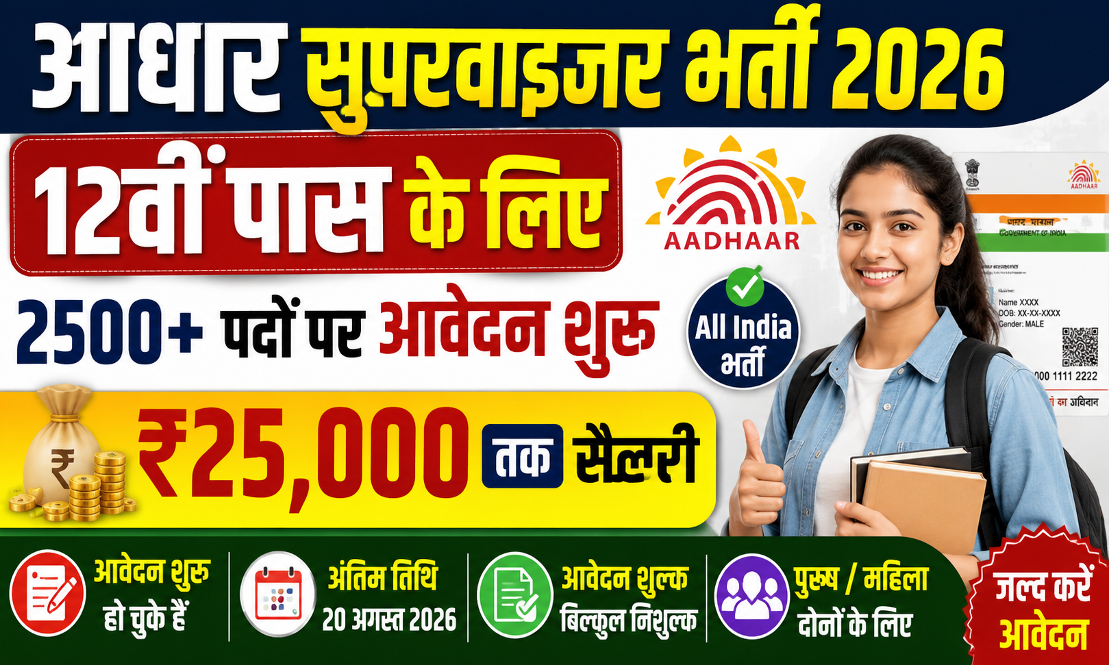 आधार सुपरवाइजर भर्ती 2026: 12वीं पास के लिए 2500+ पदों पर आवेदन शुरू, ₹25,000 तक सैलरी