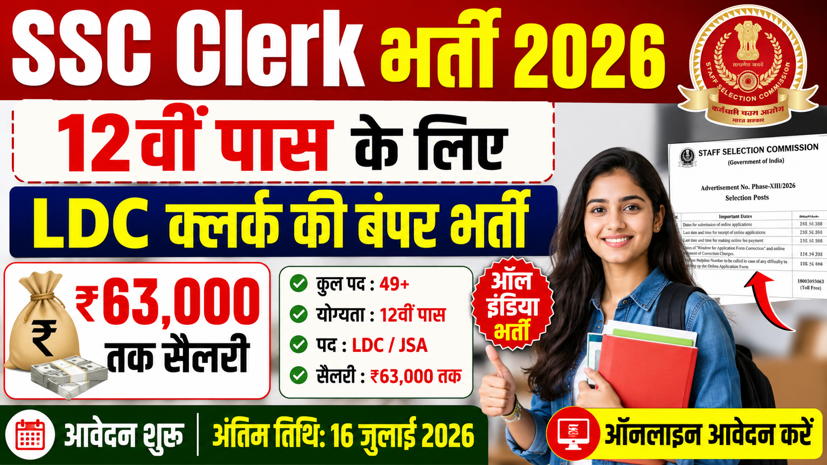 SSC Clerk भर्ती 2026: 12वीं पास के लिए LDC क्लर्क की बंपर भर्ती, ₹63,000 तक सैलरी, आवेदन शुरू